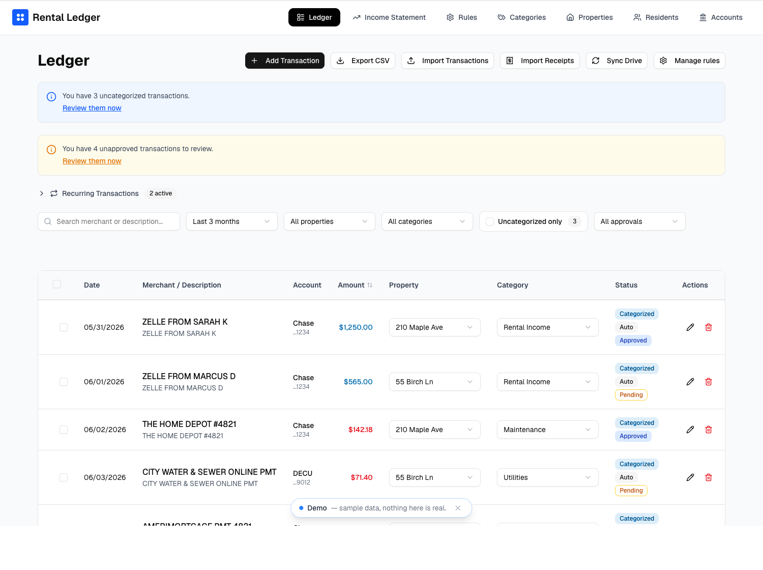 A screen from one of the apps: a rental ledger showing each transaction amount and the property it was filed against.